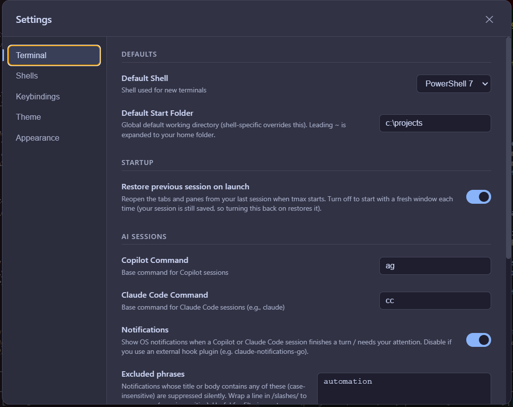tmax settings UI